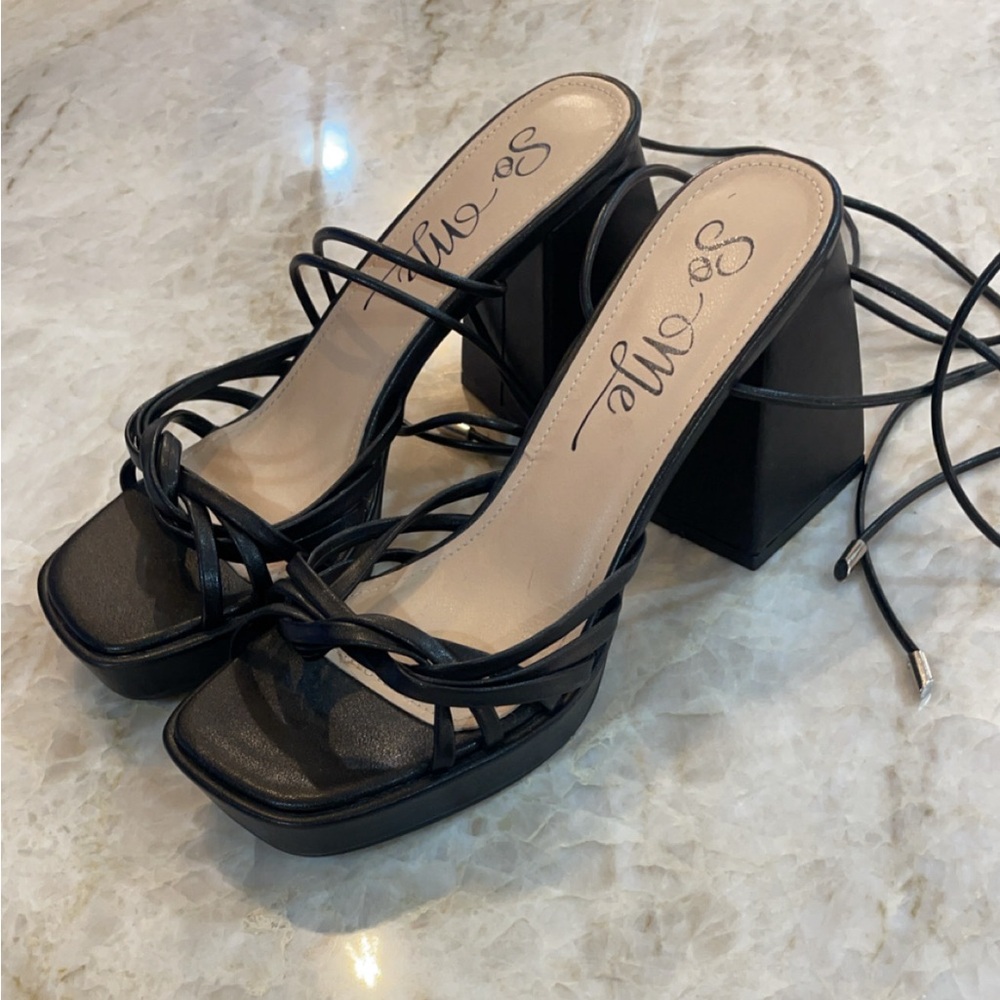 Black lace-up heels 

3.5” chunk heel